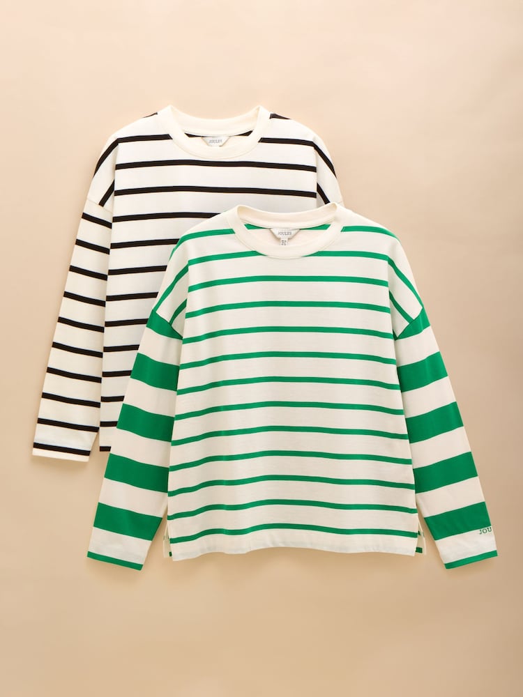 Joules Ellie 2 Pack Black/Green Stripe Long Sleeve Jersey Tops - Image 1 of 13