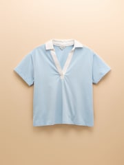 Joules Tallie Blue Short Sleeve Combed 100% Cotton Collared Top - Image 9 of 9