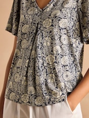 Joules Nia Navy Pleat Front Jersey Top - Image 4 of 8