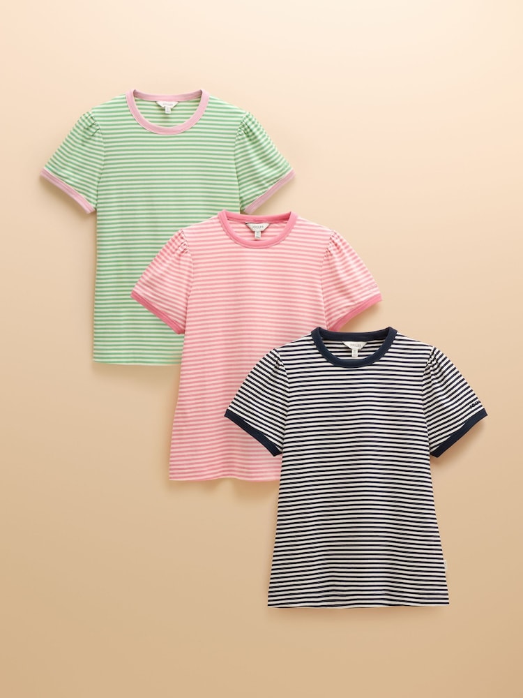 Joules 3 Pack Erin Pink/Green/Navy Multi Short Sleeve Tops - Image 1 of 16