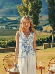 Joules Harbour Blue Toile de Jouy Button Down Cotton Tank - Image 1 of 11