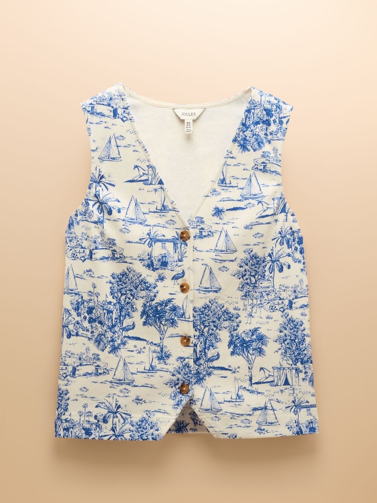 Joules Harbour Blue Toile de Jouy Button Down Cotton Tank - Image 11 of 11
