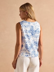 Joules Harbour Blue Toile de Jouy Button Down Cotton Tank - Image 4 of 11