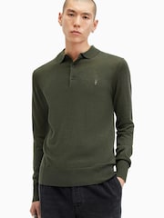 AllSaints Green Mode Merino Long Sleeve Polo Shirt - Image 1 of 6