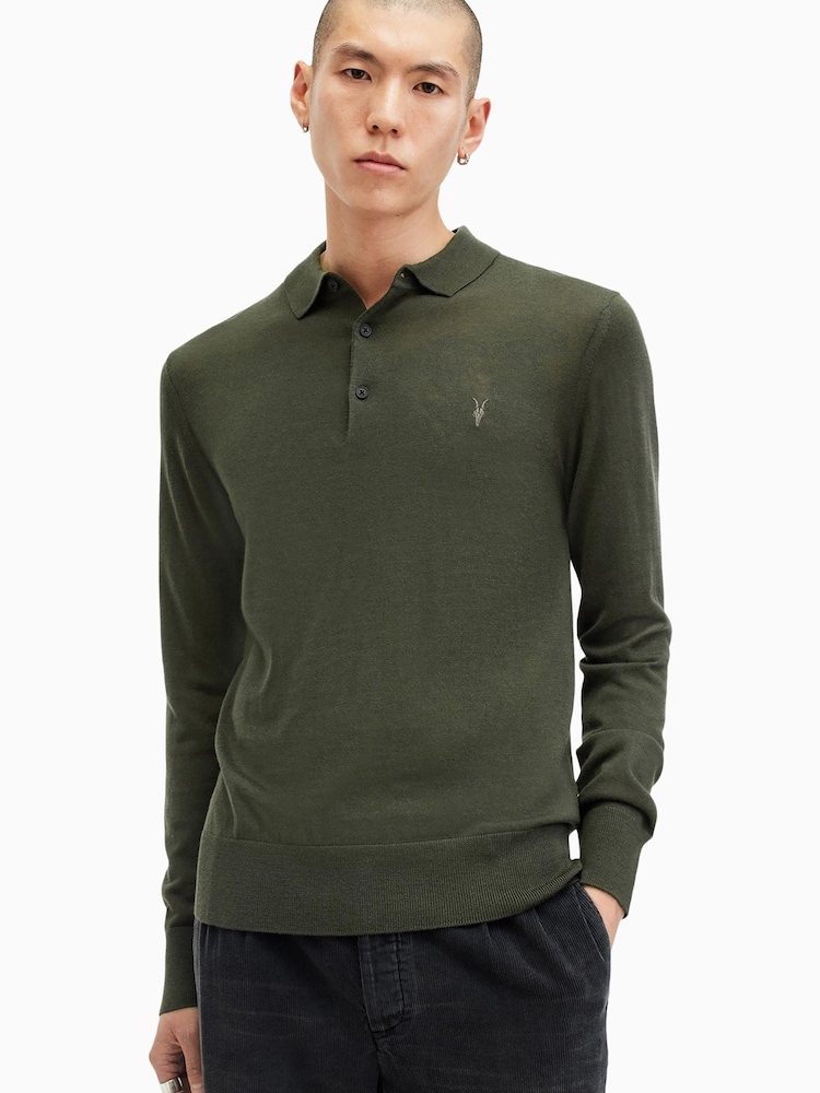AllSaints Green Mode Merino Long Sleeve Polo Shirt - Image 1 of 6