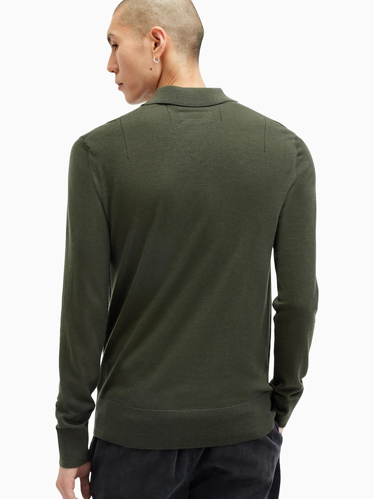 AllSaints Green Mode Merino Long Sleeve Polo Shirt - Image 2 of 6