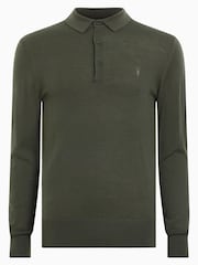 AllSaints Green Mode Merino Long Sleeve Polo Shirt - Image 6 of 6