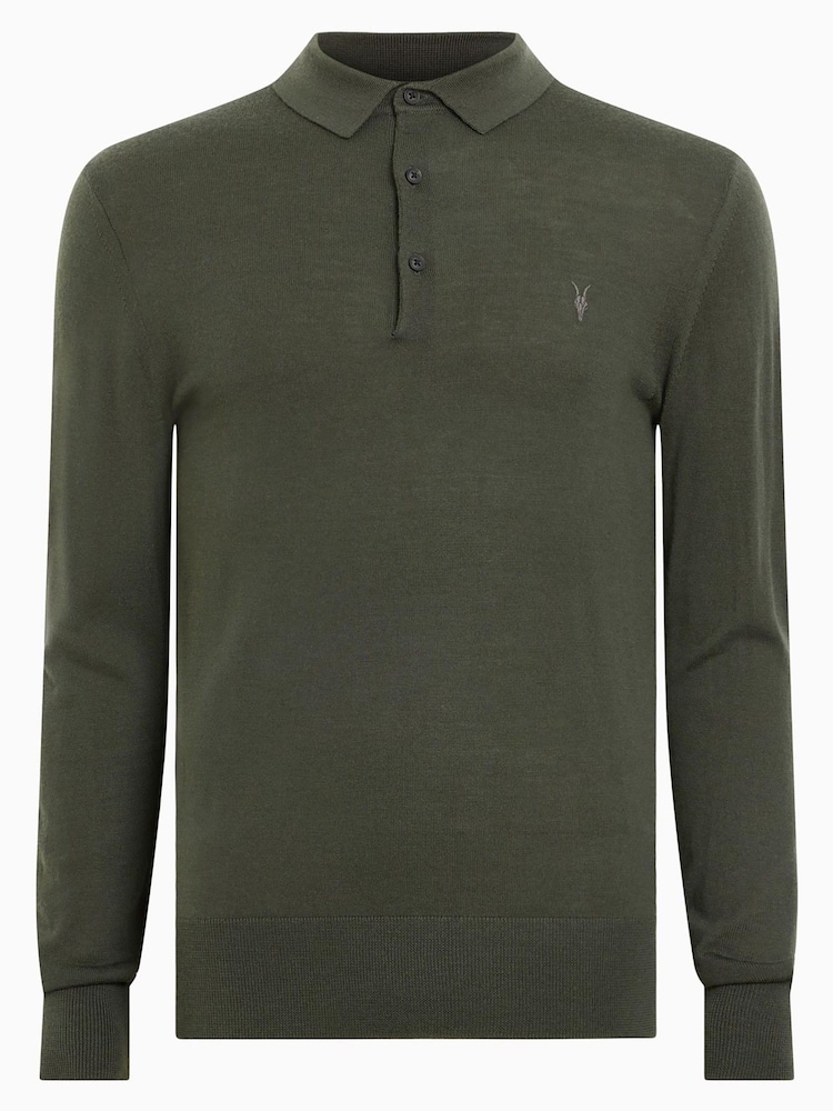 AllSaints Green Mode Merino Long Sleeve Polo Shirt - Image 6 of 6