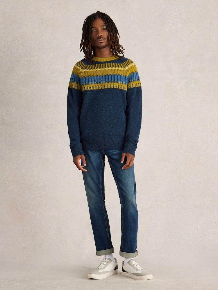 White Stuff Blue Block Fairisle Pattern Crew Neck Jumper - Image 1 of 6 White Stuff Blue Block Fairisle Pattern Crew Neck Jumper - Image 1 of 6
