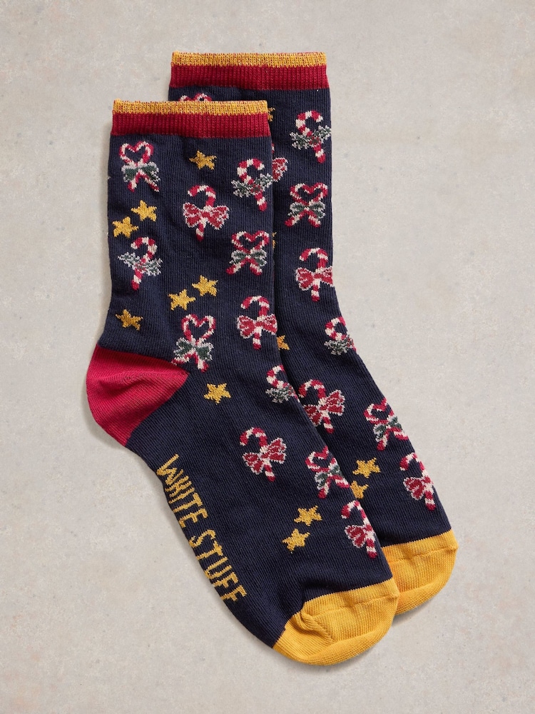 White Stuff Blue Christmas Candy Cane Socks in a Cracker - Image 1 of 1