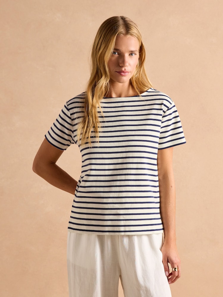 Joules Harbour Cream/Navy Short Sleeve Boat Neck Breton Top - Image 1 of 10