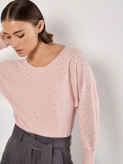 Apricot Pink Stud Neck Ribbed Batwing Jumper - Image 3 of 5