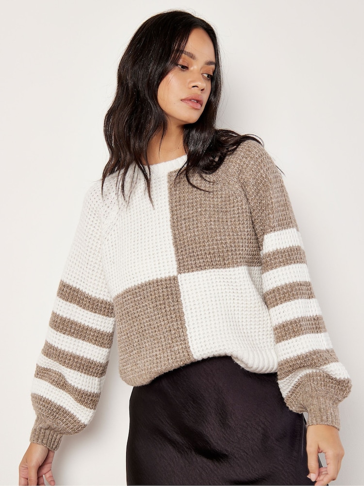 Apricot Cream Colourblock Waffle Knit Jumper - Image 1 of 4