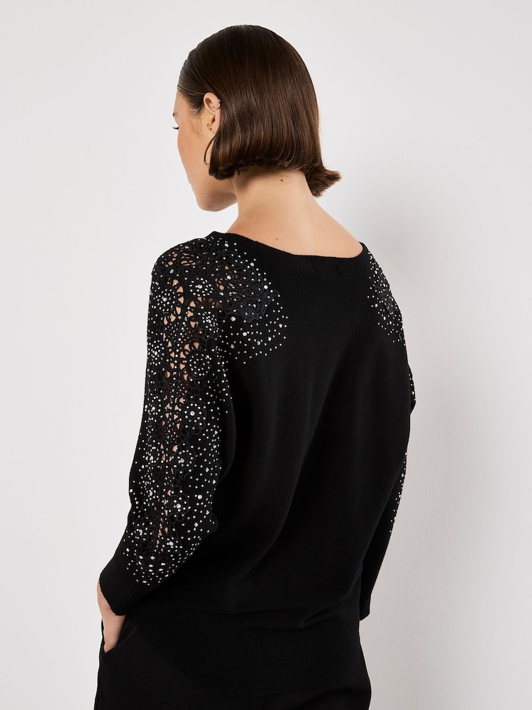 Apricot Black Lace and Stud Arm Batwing Jumper - Image 4 of 4 Apricot Black Lace and Stud Arm Batwing Jumper - Image 4 of 4