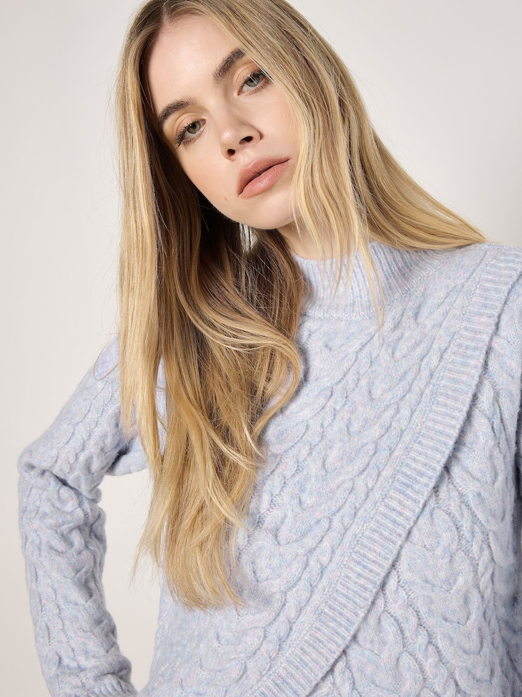 Apricot Blue Cable Knit Wrap Over Mock Neck Jumper - Image 2 of 5 Apricot Blue Cable Knit Wrap Over Mock Neck Jumper - Image 2 of 5