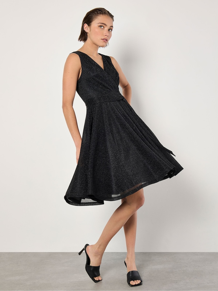 Apricot Black Lurex Pleat V-Neck Skater Dress - Image 1 of 4 Apricot Black Lurex Pleat V-Neck Skater Dress - Image 1 of 4