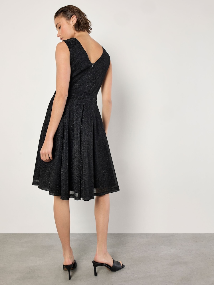 Apricot Black Lurex Pleat V-Neck Skater Dress - Image 2 of 4 Apricot Black Lurex Pleat V-Neck Skater Dress - Image 2 of 4