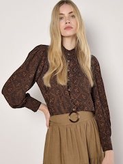 Apricot Brown Mosaic Lace Print Ruffle Blouse - Image 1 of 3