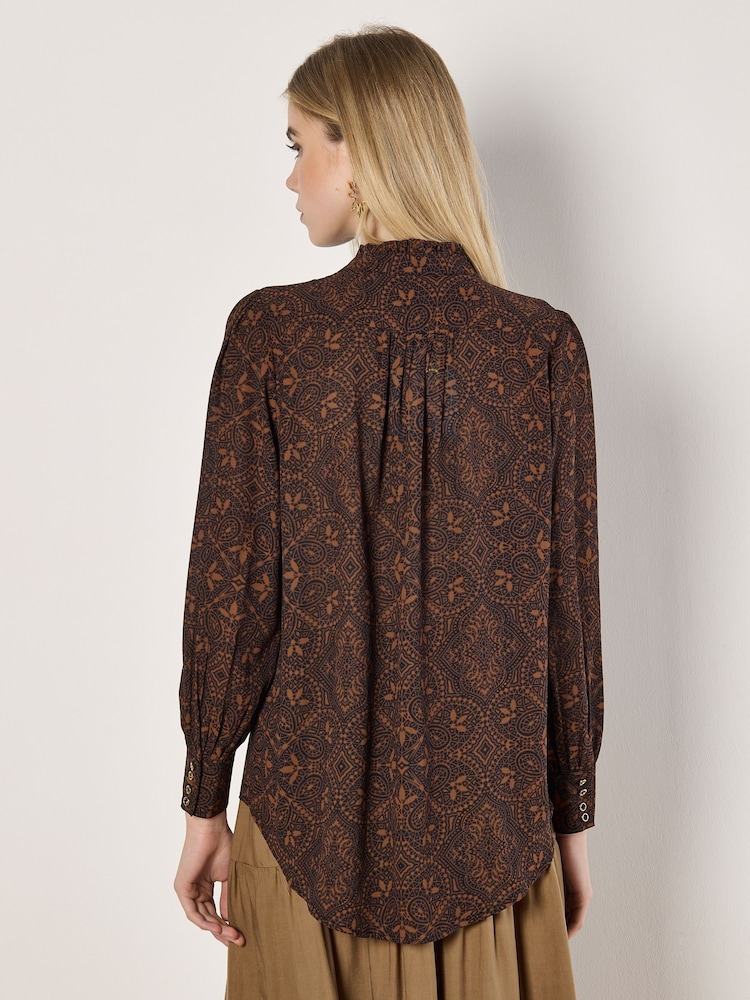 Apricot Brown Mosaic Lace Print Ruffle Blouse - Image 3 of 3