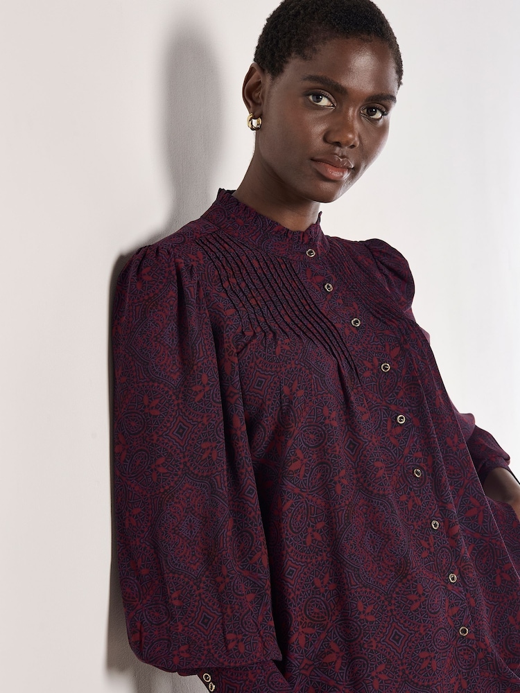 Apricot Red Mosaic Lace Print Ruffle Blouse - Image 1 of 5