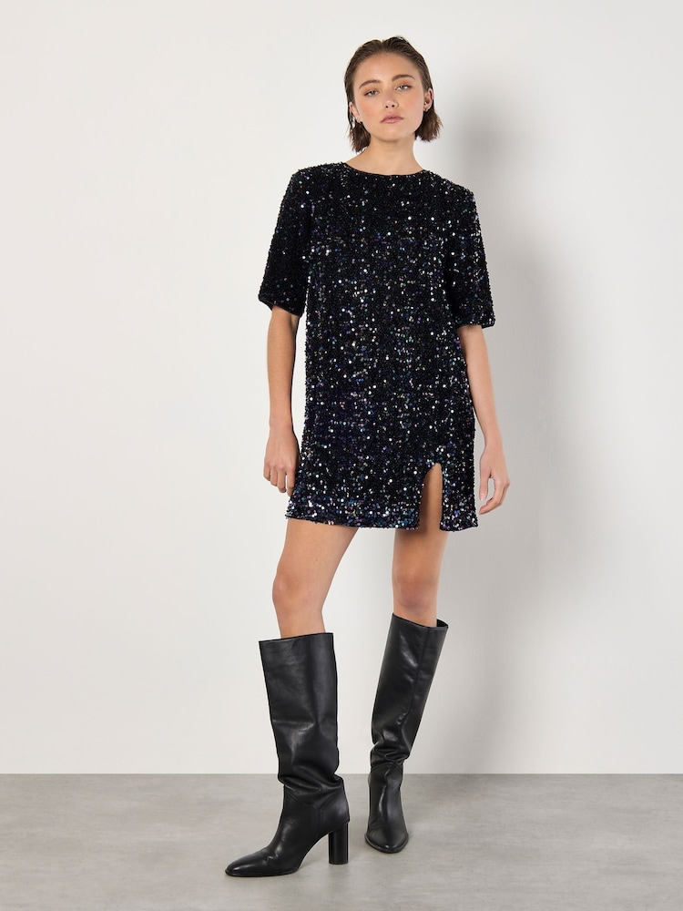 Apricot Black Velvet Sequin Backless Dress - Image 1 of 5 Apricot Black Velvet Sequin Backless Dress - Image 1 of 5