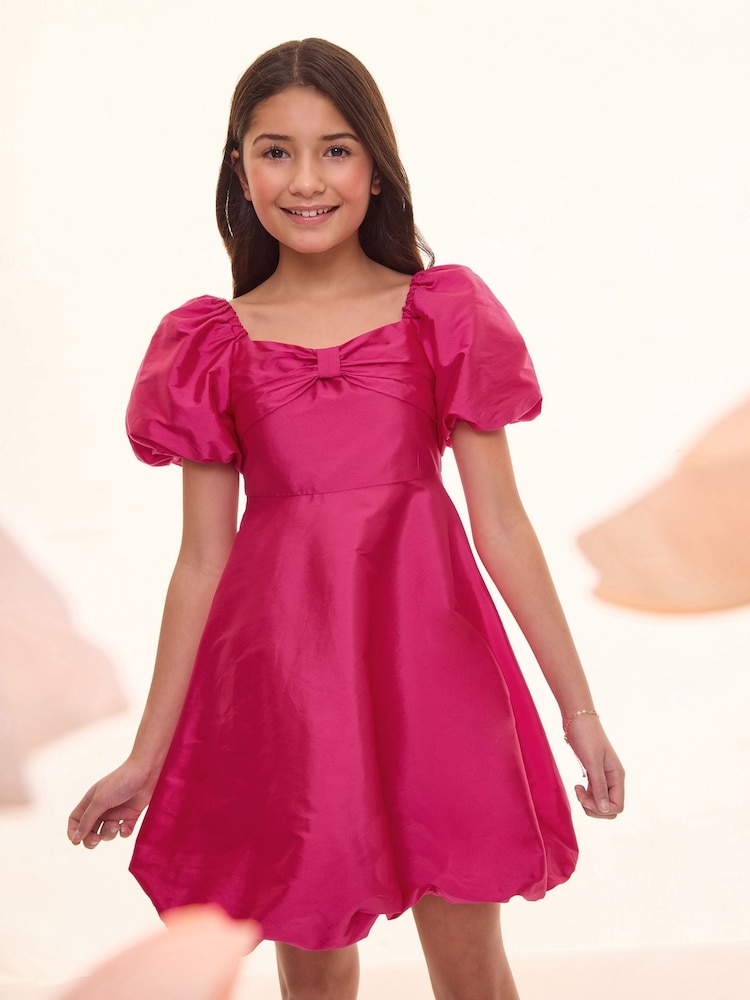 Lipsy Bright Pink Bow Taffetta Bubble Hem Occasion Dress (5-16yrs) - Image 1 of 4
