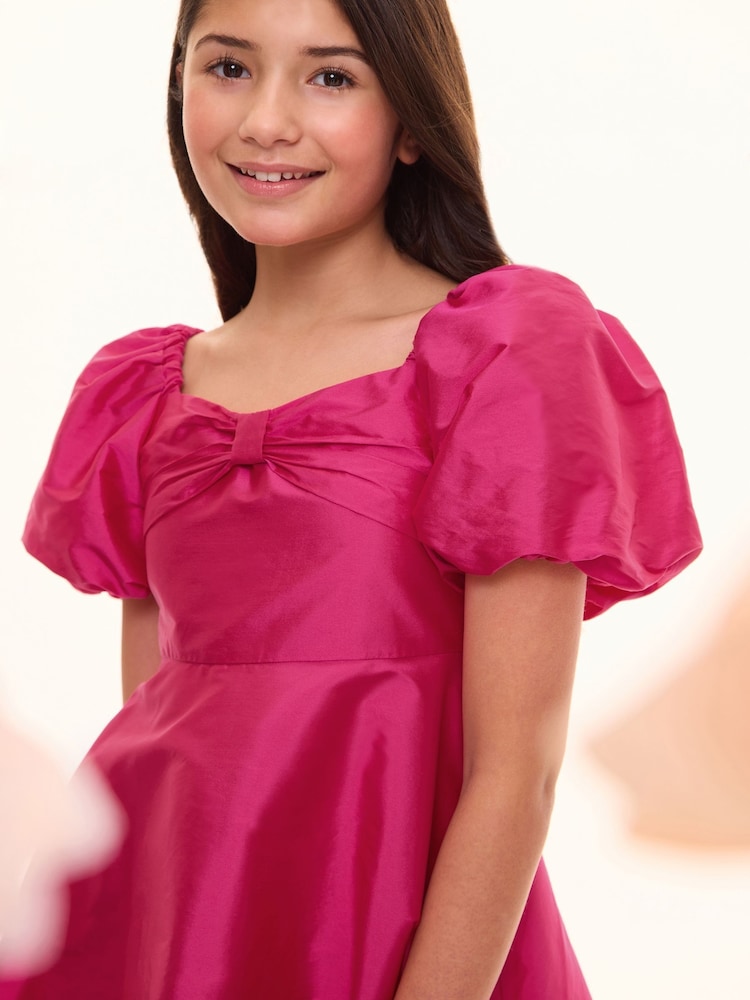 Lipsy Bright Pink Bow Taffetta Bubble Hem Occasion Dress (5-16yrs) - Image 2 of 4
