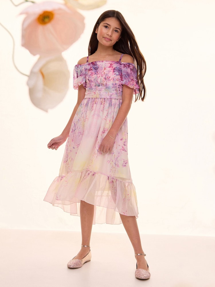 Lipsy Pink Floral Ombre Cold Shoulder Chiffon Midi Dress (7-16yrs) - Image 1 of 4