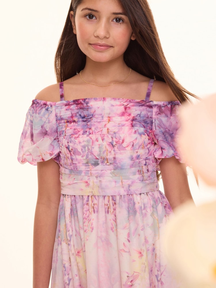 Lipsy Pink Floral Ombre Cold Shoulder Chiffon Midi Dress (7-16yrs) - Image 2 of 4