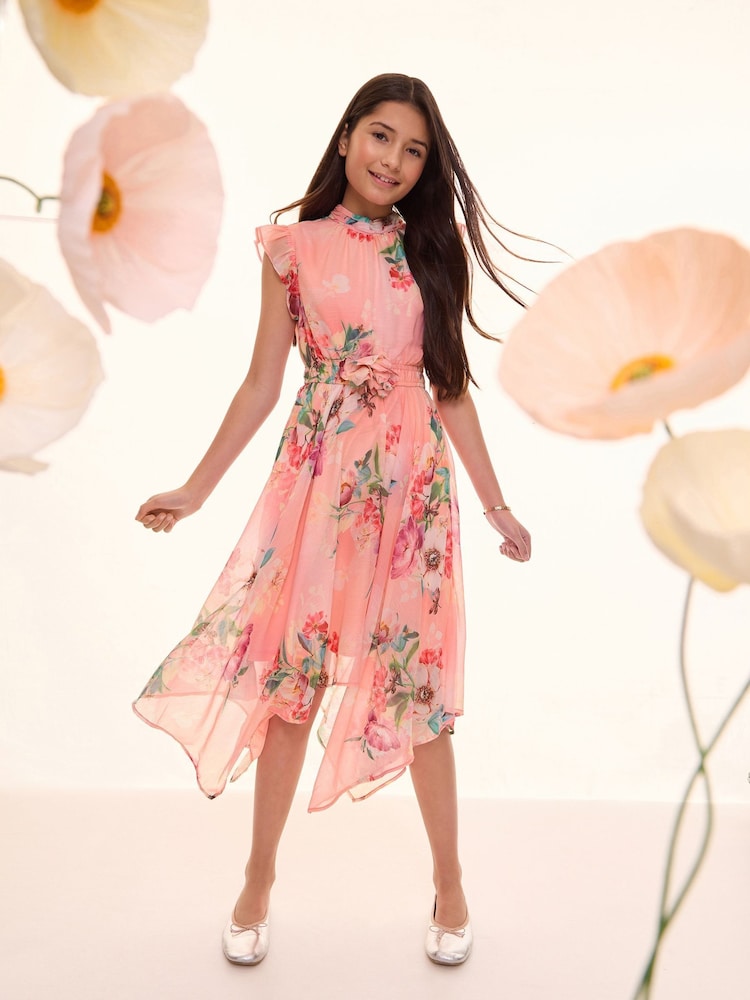 Lipsy Pink Floral Hanky Hem Corsage Midi Dress (5-16yrs) - Image 1 of 4