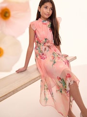 Lipsy Pink Floral Hanky Hem Corsage Midi Dress (5-16yrs) - Image 2 of 4