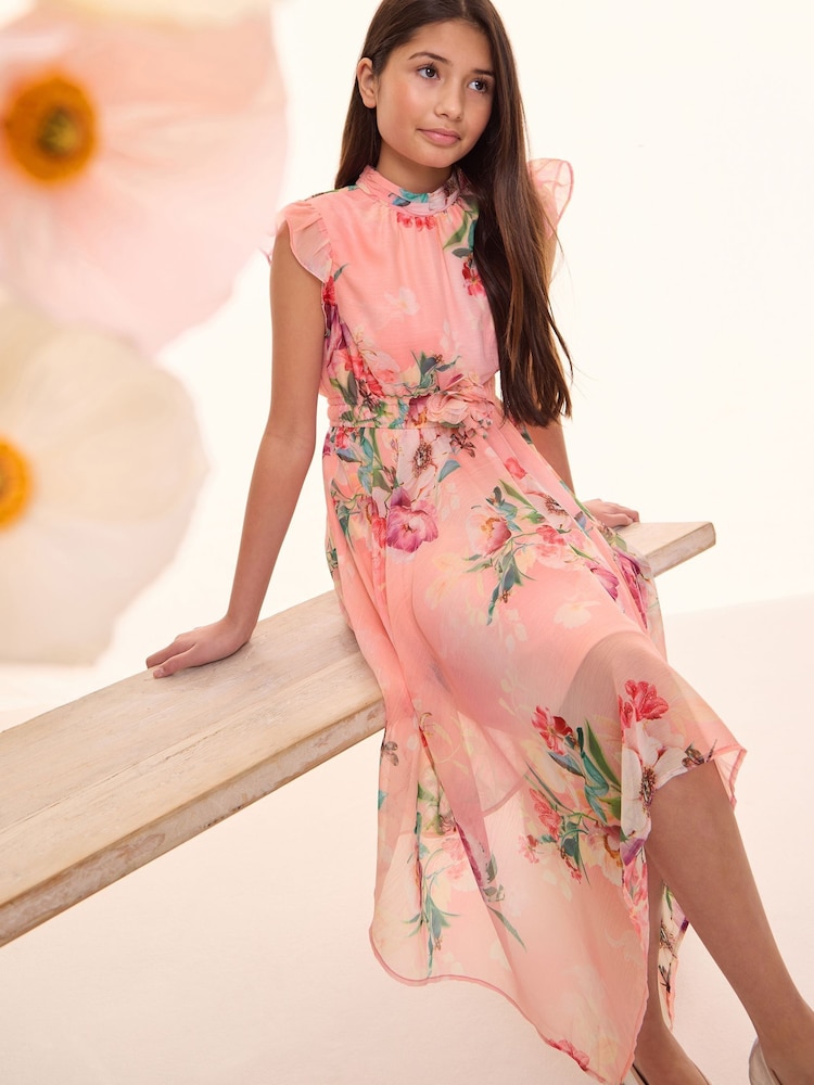 Lipsy Pink Floral Hanky Hem Corsage Midi Dress (5-16yrs) - Image 2 of 4
