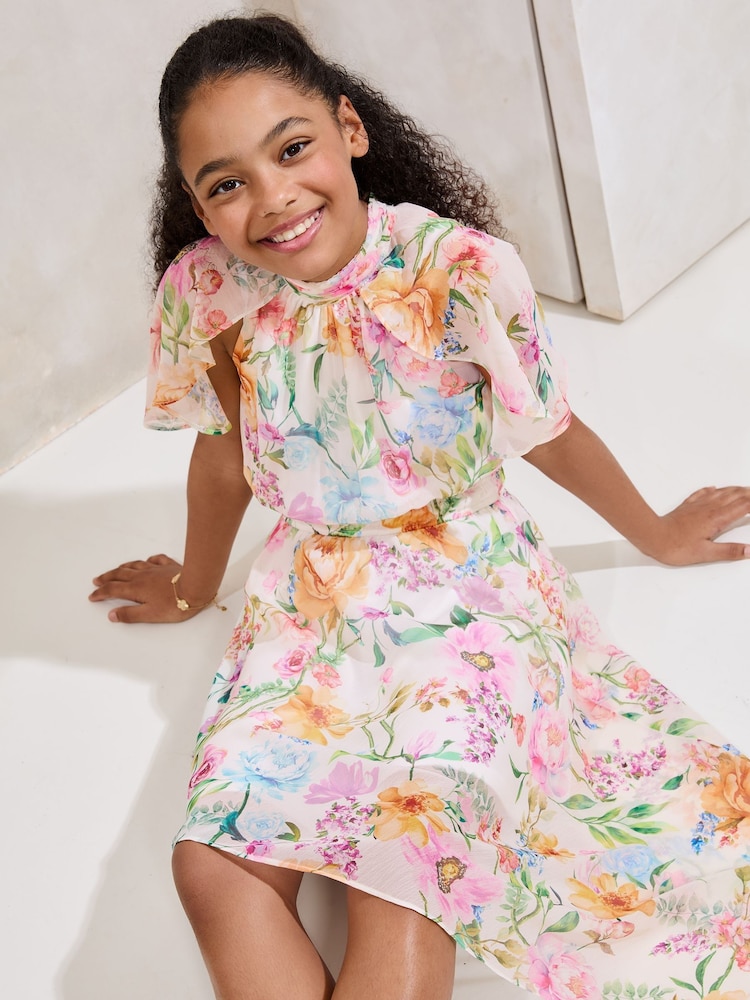 Lipsy Yellow Floral Asymetic Hem Occasion Dress (5-16yrs) - Image 2 of 5