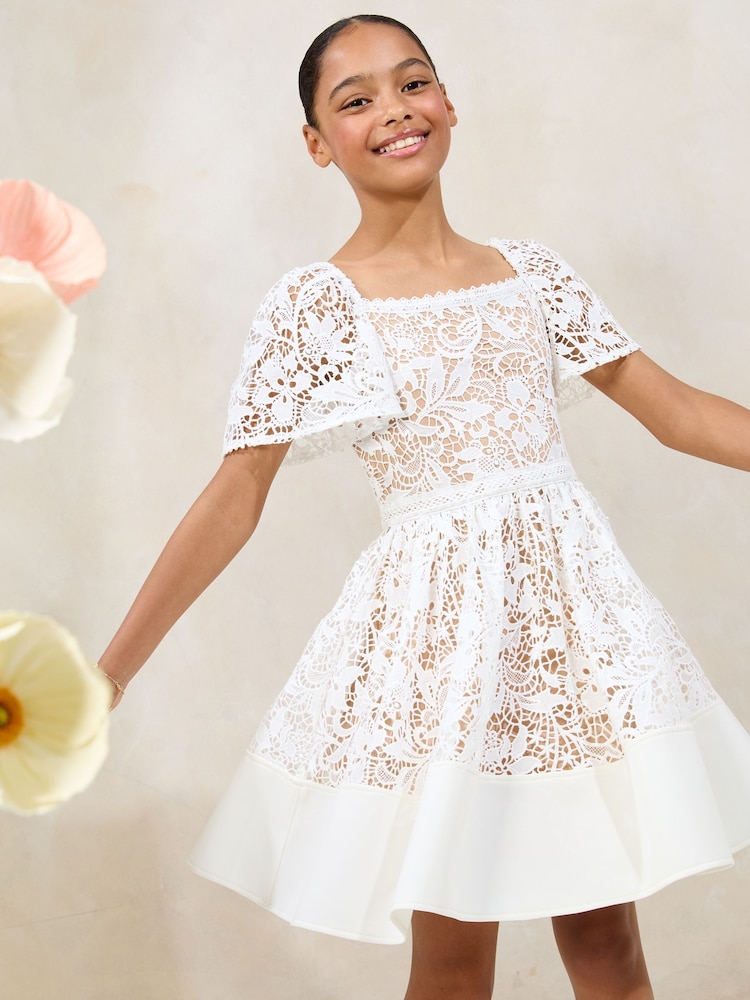 Lipsy White Lace Square Neck Occasion Dress (5-16yrs) - Image 1 of 5