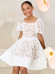 Lipsy White Lace Square Neck Occasion Dress (5-16yrs) - Image 2 of 5