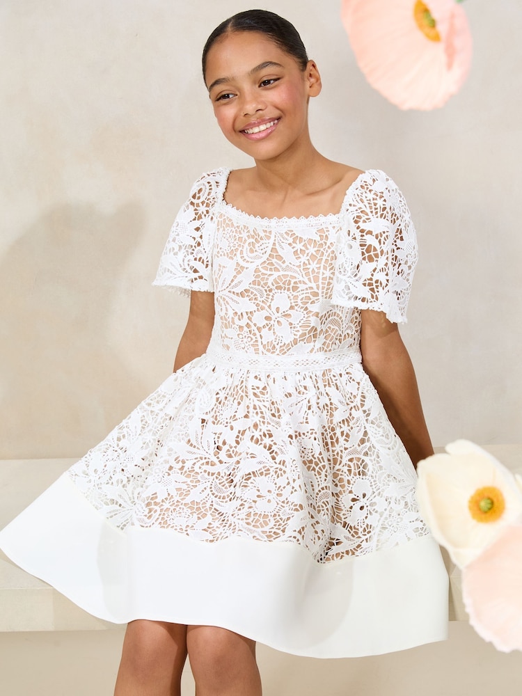 Lipsy White Lace Square Neck Occasion Dress (5-16yrs) - Image 2 of 5