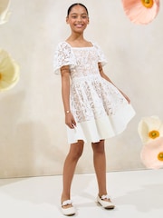 Lipsy White Lace Square Neck Occasion Dress (5-16yrs) - Image 3 of 5