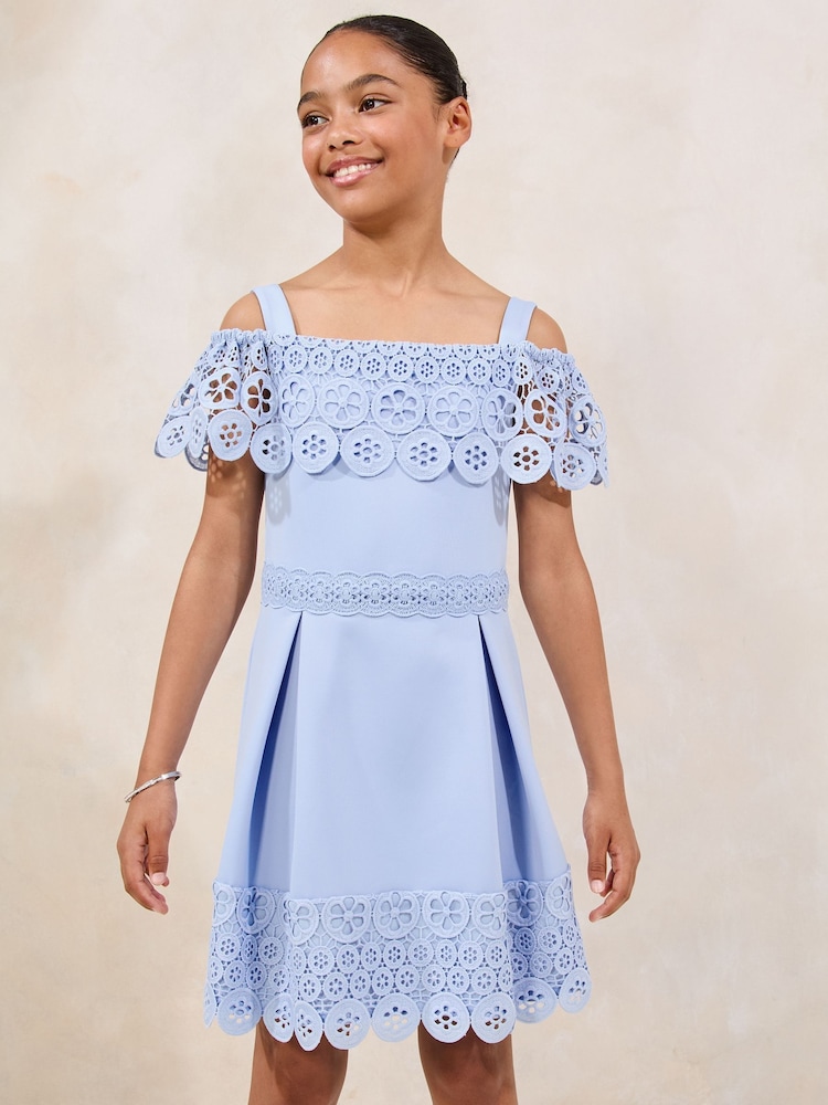 Lipsy Cornflower Blue Lace Cold Shoulder Occasion Dress (5-16yrs) - Image 1 of 4 Lipsy Cornflower Blue Lace Cold Shoulder Occasion Dress (5-16yrs) - Image 1 of 4