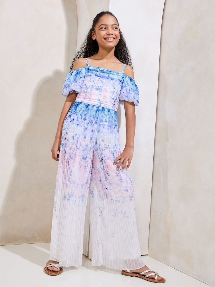 Lipsy Blue Floral Ombre Cold Shoulder Jumpsuit (5-16yrs) - Image 1 of 4