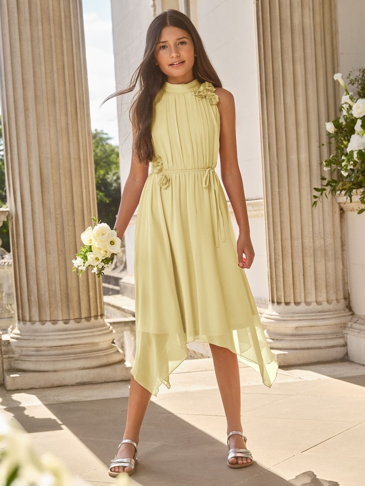 Lipsy Lemon Yellow Corsage Hanky Hem Occasion Dress (5-16yrs) - Image 1 of 5