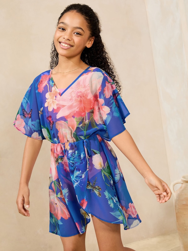 Lipsy Cobalt Blue Floral Printed Kaftan (5-16yrs) - Image 1 of 4