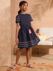 Love & Roses Navy Blue Contrast Scallop Jersey 100% Cotton Dress (3-14yrs) - Image 2 of 4