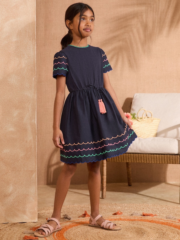 Love & Roses Navy Blue Contrast Scallop Jersey 100% Cotton Dress (3-14yrs) - Image 2 of 4