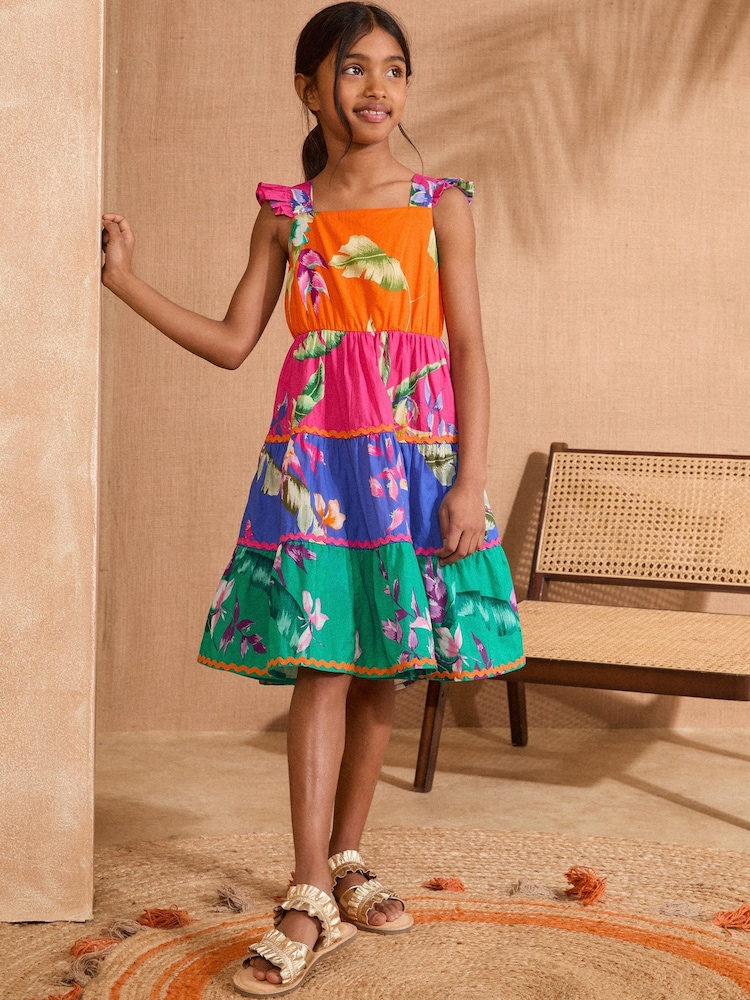 Love & Roses Pink Orange Blue Rainbow Block Midi Holiday Dress (5-16yrs) - Image 1 of 4