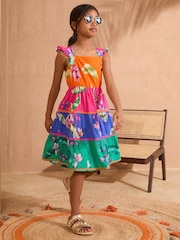 Love & Roses Pink Orange Blue Rainbow Block Midi Holiday Dress (5-16yrs) - Image 3 of 4