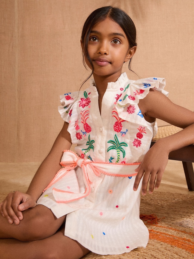 Love & Roses White Embrodiered Button Front Holiday Dress (5-16yrs) - Image 1 of 4