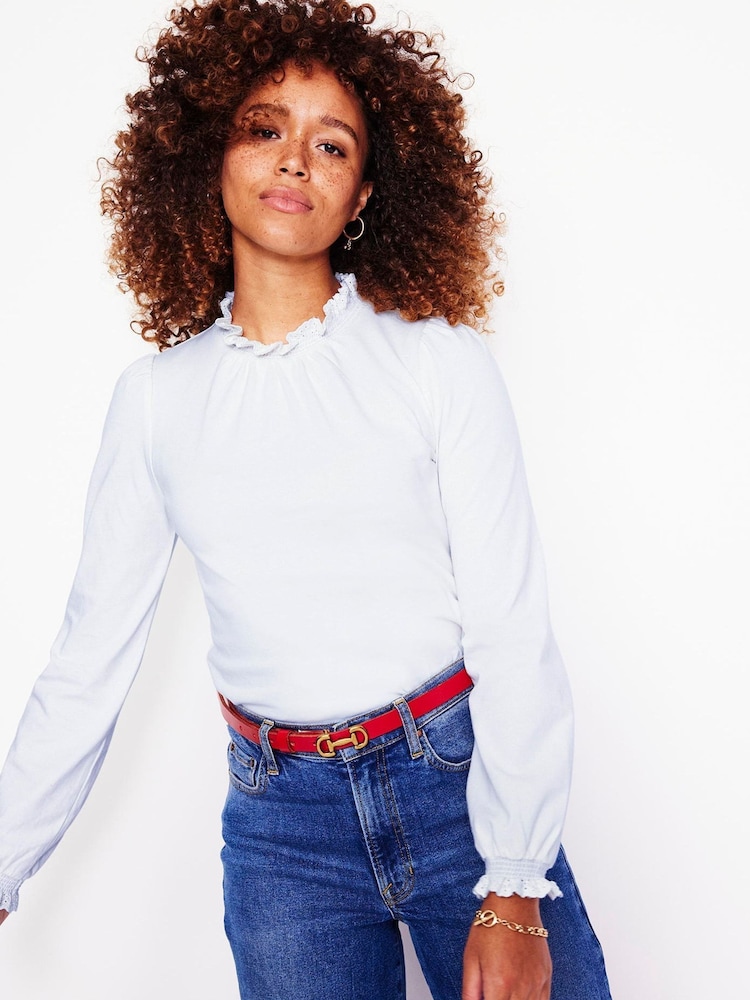 Boden White Broderie Smock Neck 100% Cotton Top - Image 1 of 5