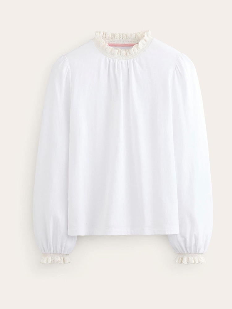 Boden White Broderie Smock Neck 100% Cotton Top - Image 5 of 5