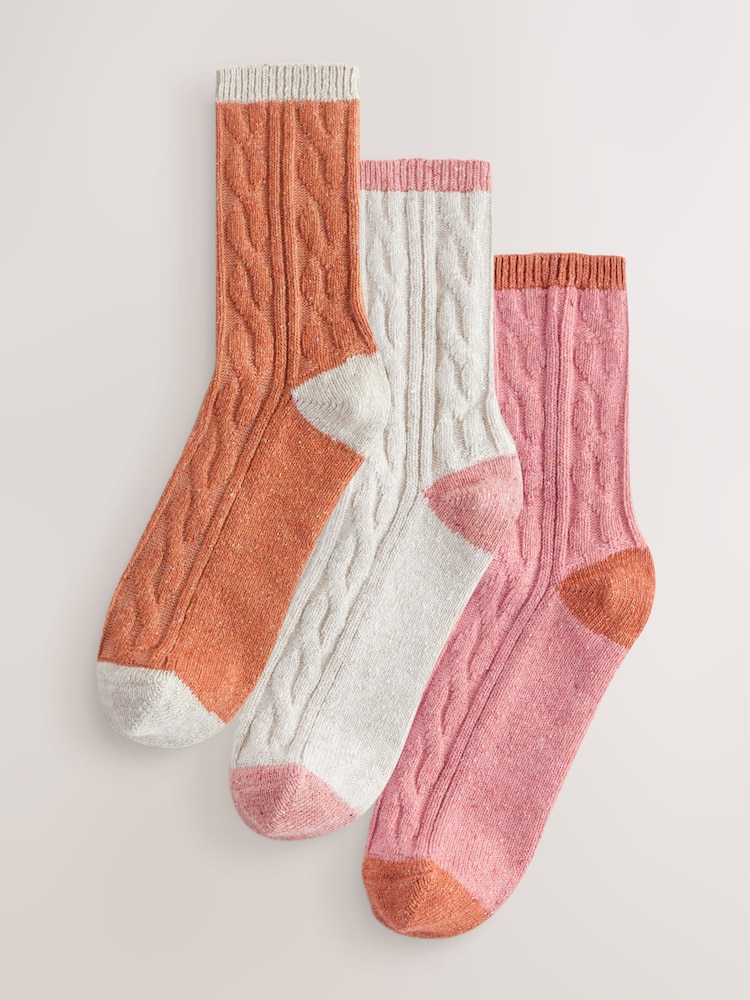Pink/Oatmeal/Rust Cable Thermal Wool Blend Ankle Socks 3 Pack With Silk - Image 1 of 6