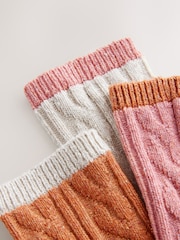 Pink/Oatmeal/Rust Cable Thermal Wool Blend Ankle Socks 3 Pack With Silk - Image 6 of 6